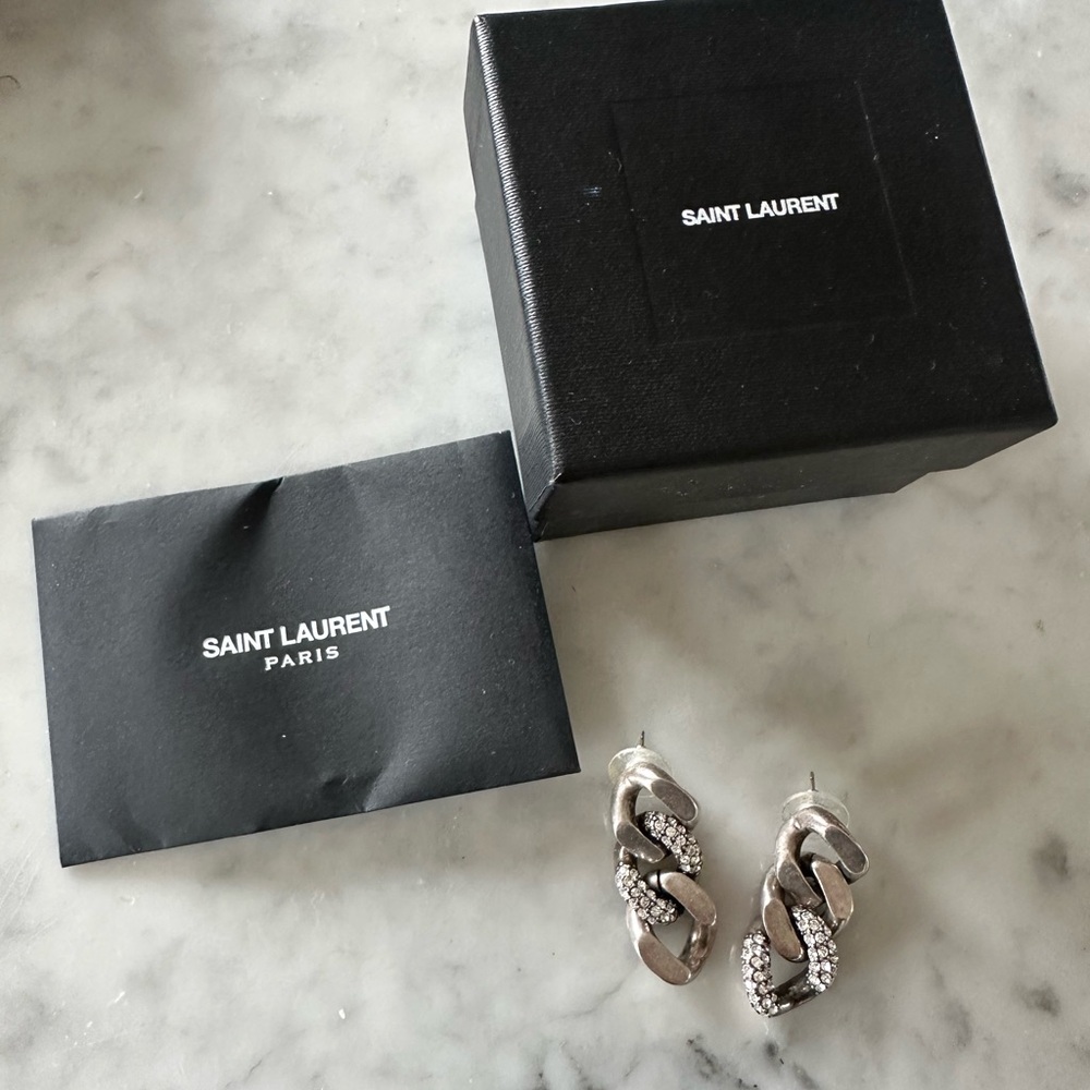 Saint Laurent Rhinestone Thick Curb Chain Silver Earrings